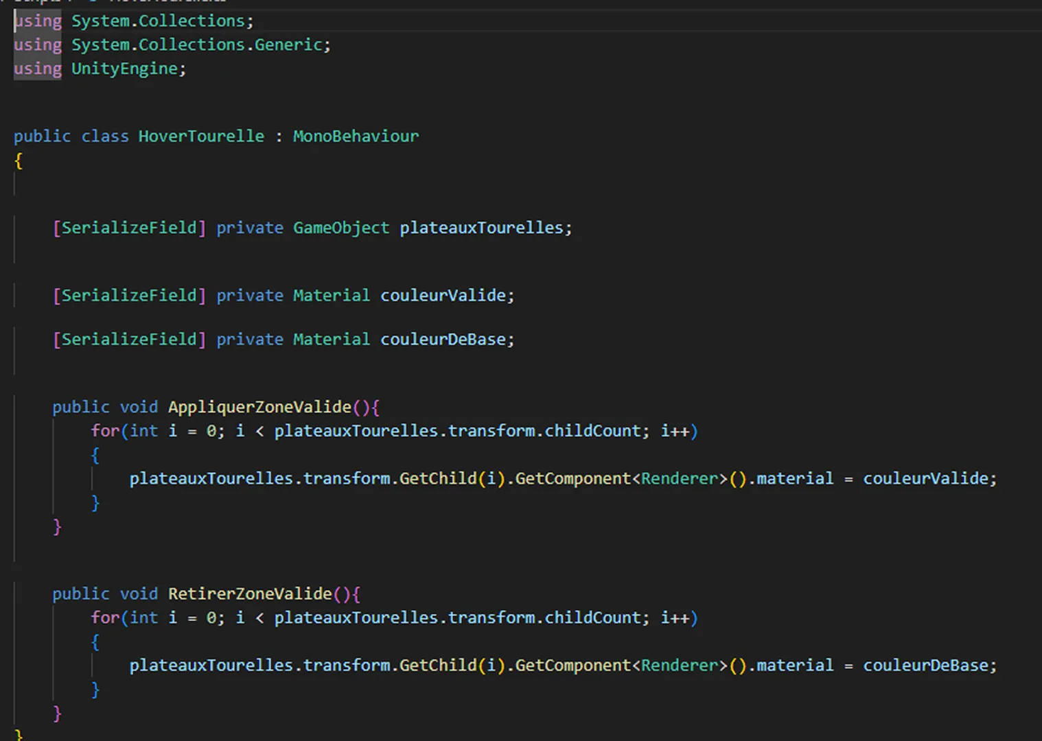 Showcase du code dans le script HoverTourelles