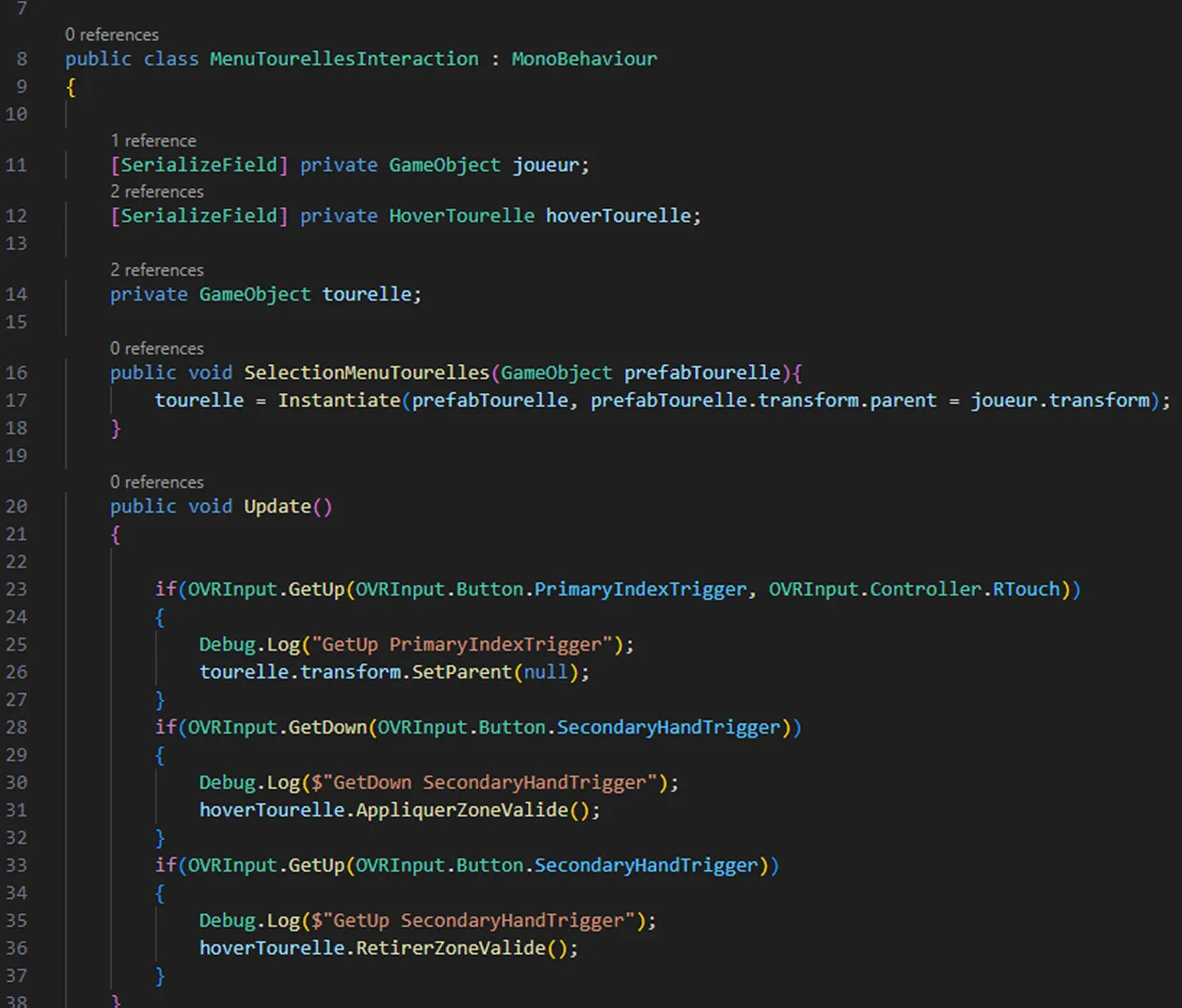 Showcase du code dans le script MenuTourelles