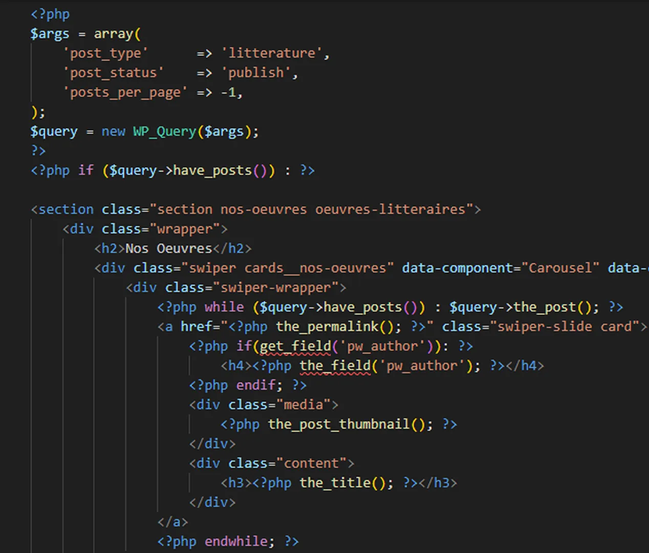 Showcase du code PHP pour faire fonctionner le swiper 3D avec Wordpress